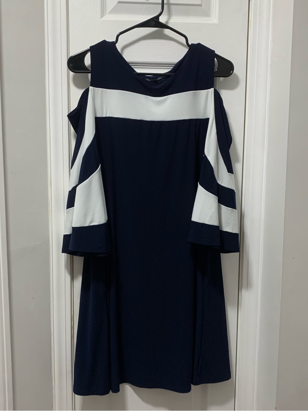Nina Leonard Navy and White One-Shoulder A-Line Dress